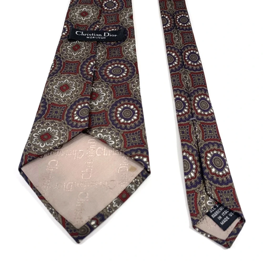 Vintage Christian Dior Monsieur Burgundy Bronze White Geometric 100%‎ Silk